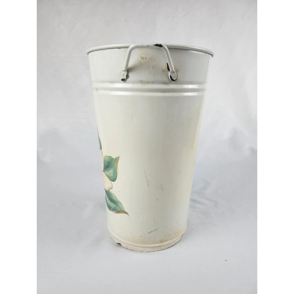 Vintage Enamel Metal Magnolia Umbrella Stand Bucket Farmhouse Cottage Decor Gift
